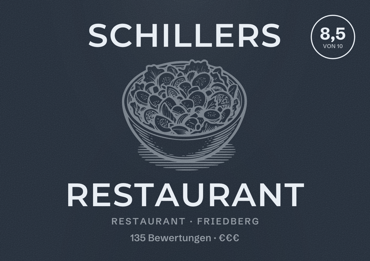 Illustriertes Poster von Schillers Restaurant, Restaurant in Friedberg: Bewertung 8,5 von 10 aus 135 Bewertungen, Preisniveau €€€