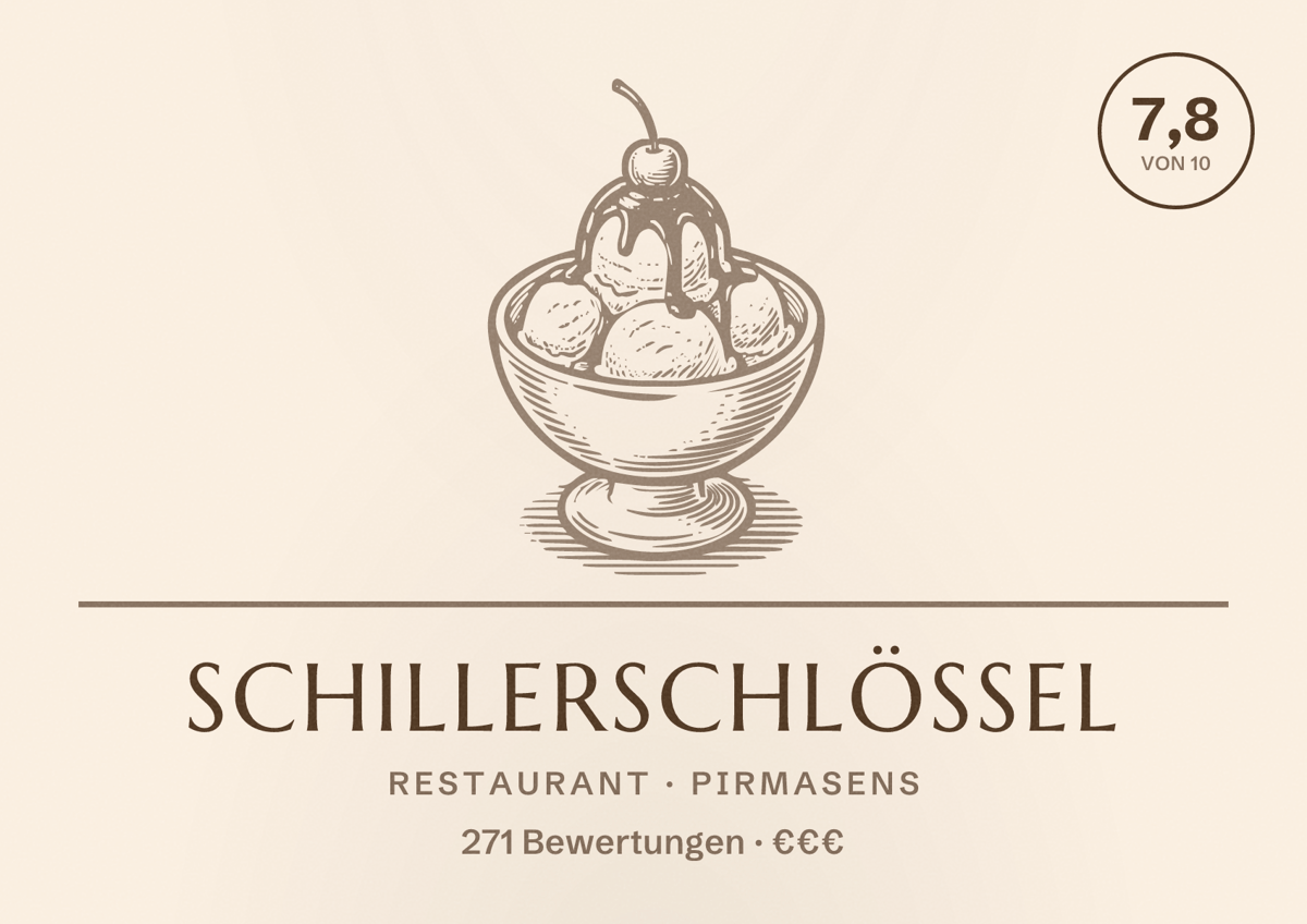 Illustriertes Poster von Schillerschlössel, Restaurant in Pirmasens: Bewertung 7,8 von 10 aus 271 Bewertungen, Preisniveau €€€