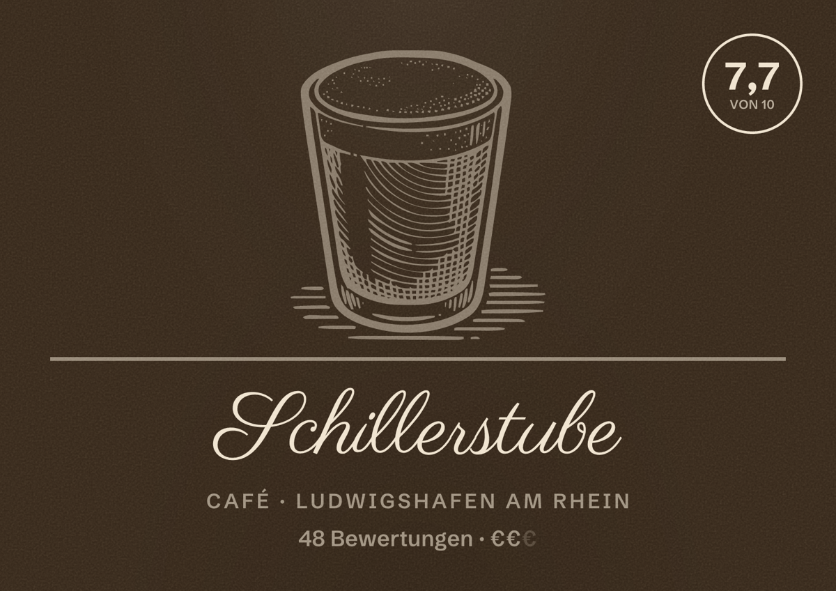 Illustriertes Poster von Schillerstube, Café in Ludwigshafen am Rhein: Bewertung 7,7 von 10 aus 48 Bewertungen, Preisniveau €€