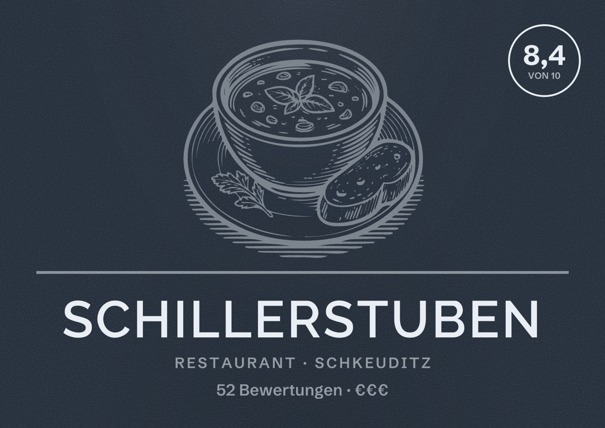 Illustriertes Poster von Schillerstuben, Restaurant in Schkeuditz: Bewertung 8,4 von 10 aus 52 Bewertungen, Preisniveau €€€