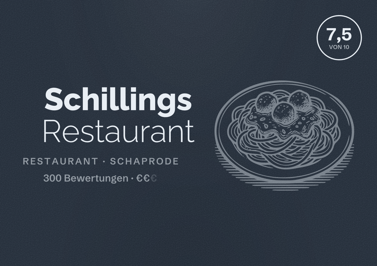 Illustriertes Poster von Schillings Restaurant, Restaurant in Schaprode: Bewertung 7,5 von 10 aus 300 Bewertungen, Preisniveau €€