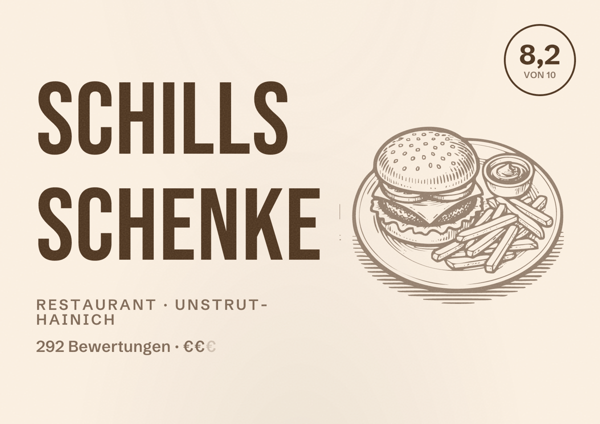 Illustriertes Poster von Schills Schenke, Restaurant in Unstrut-Hainich: Bewertung 8,2 von 10 aus 292 Bewertungen, Preisniveau €€