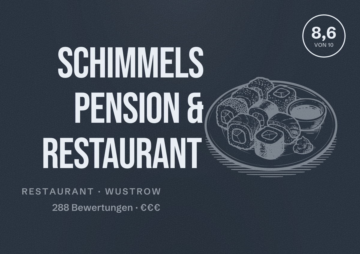 Illustriertes Poster von Schimmels Pension & Restaurant, Restaurant in Wustrow: Bewertung 8,6 von 10 aus 288 Bewertungen, Preisniveau €€€