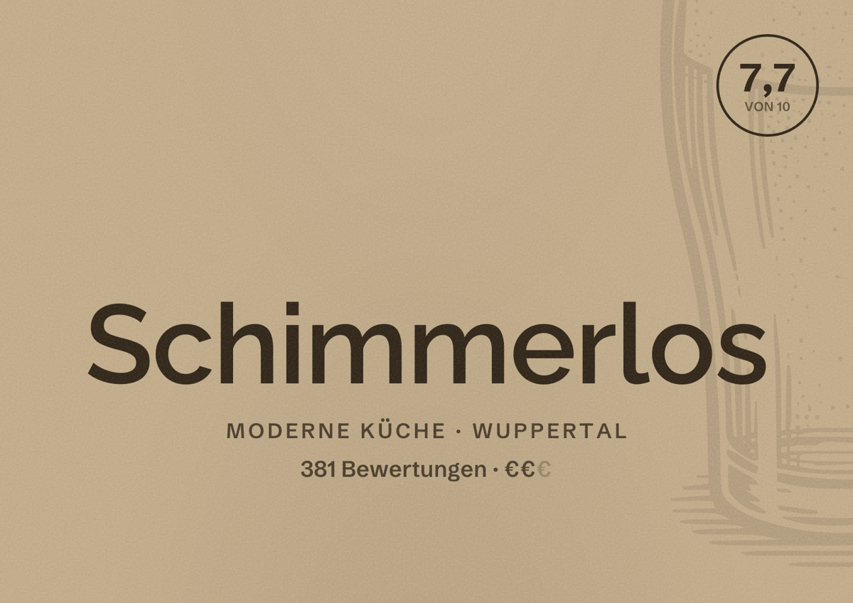 Illustriertes Poster von Schimmerlos, Moderne Küche in Wuppertal: Bewertung 7,7 von 10 aus 381 Bewertungen, Preisniveau €€