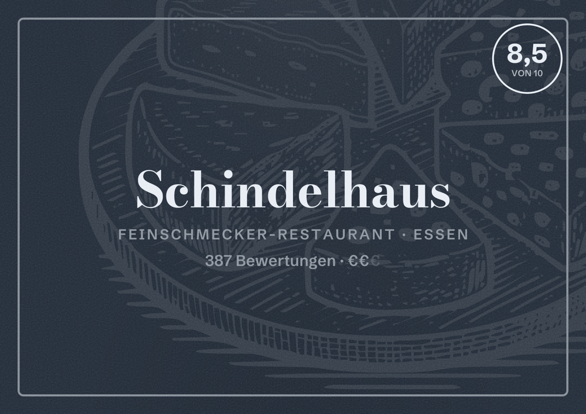 Illustriertes Poster von Schindelhaus, Feinschmecker-Restaurant in Essen: Bewertung 8,5 von 10 aus 387 Bewertungen, Preisniveau €€