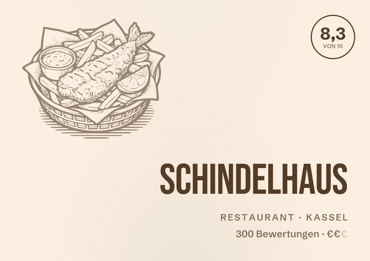 Illustriertes Poster von Schindelhaus, Restaurant in Kassel: Bewertung 8,3 von 10 aus 300 Bewertungen, Preisniveau €€