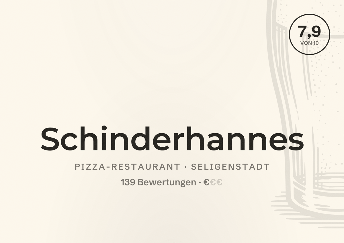 Illustriertes Poster von Schinderhannes, Pizza-Restaurant in Seligenstadt: Bewertung 7,9 von 10 aus 139 Bewertungen, Preisniveau €