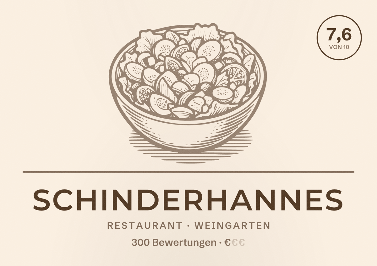 Illustriertes Poster von Schinderhannes, Restaurant in Weingarten: Bewertung 7,6 von 10 aus 300 Bewertungen, Preisniveau €
