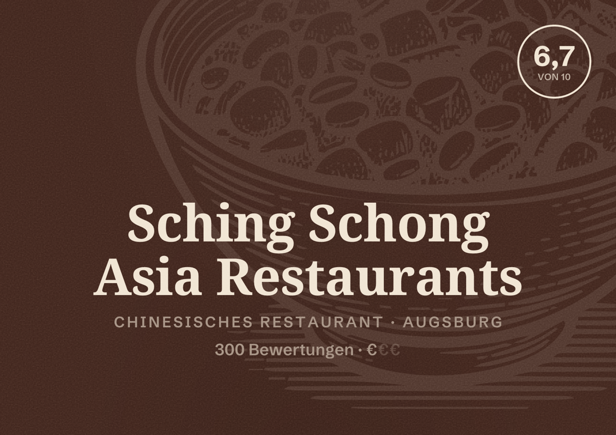 Illustriertes Poster von Sching Schong Asia Restaurants, Chinesisches Restaurant in Augsburg: Bewertung 6,7 von 10 aus 300 Bewertungen, Preisniveau €