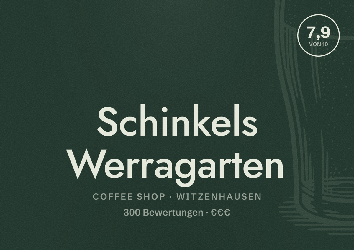 Illustriertes Poster von Schinkels Werragarten, Coffee Shop in Witzenhausen: Bewertung 7,9 von 10 aus 300 Bewertungen, Preisniveau €€€