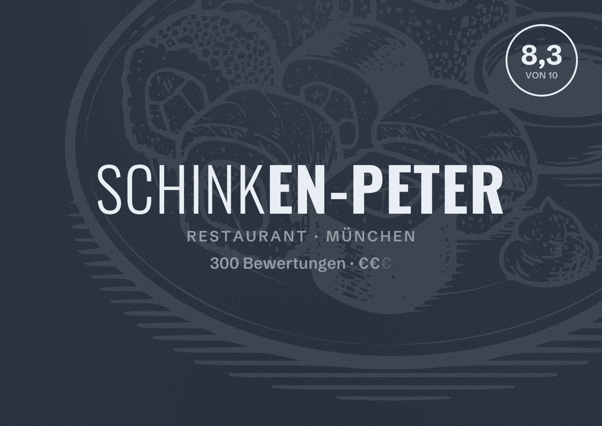 Illustriertes Poster von Schinken-Peter, Restaurant in München: Bewertung 8,3 von 10 aus 300 Bewertungen, Preisniveau €€