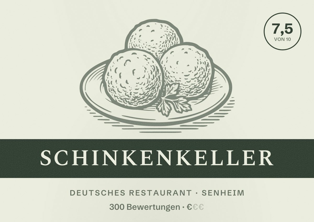 Illustriertes Poster von Schinkenkeller, Deutsches Restaurant in Senheim: Bewertung 7,5 von 10 aus 300 Bewertungen, Preisniveau €