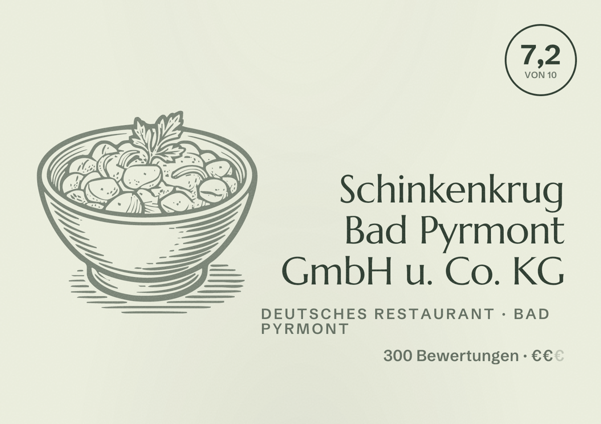 Illustriertes Poster von Schinkenkrug Bad Pyrmont GmbH u. Co. KG, Deutsches Restaurant in Bad Pyrmont: Bewertung 7,2 von 10 aus 300 Bewertungen, Preisniveau €€