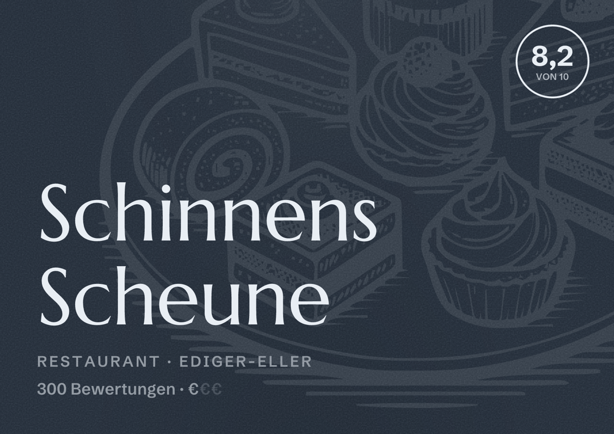 Illustriertes Poster von Schinnens Scheune, Restaurant in Ediger-Eller: Bewertung 8,2 von 10 aus 300 Bewertungen, Preisniveau €