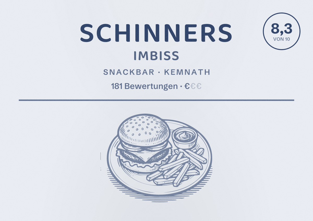 Illustriertes Poster von Schinners Imbiss, Snackbar in Kemnath: Bewertung 8,3 von 10 aus 181 Bewertungen, Preisniveau €