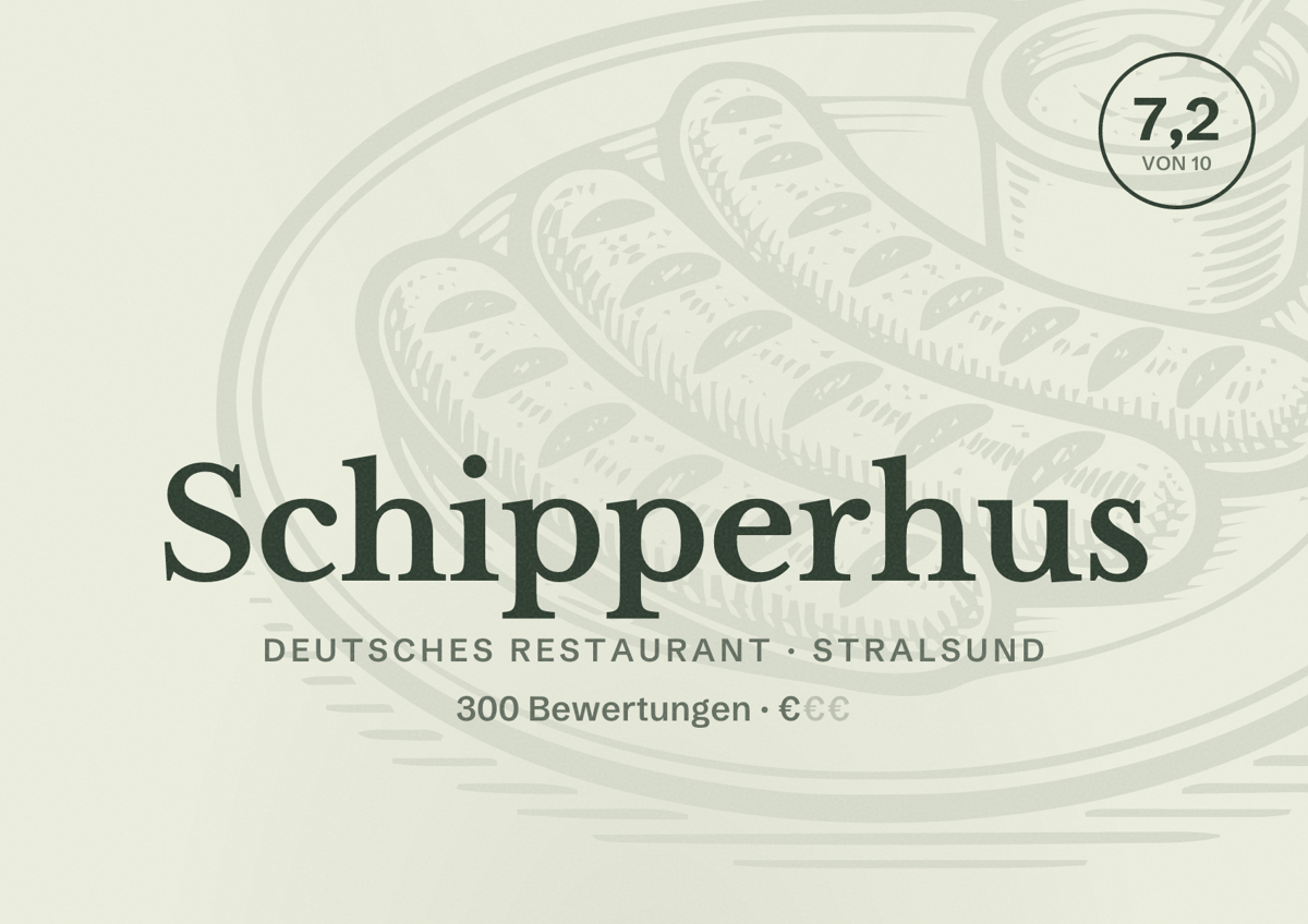 Illustriertes Poster von Schipperhus, Deutsches Restaurant in Stralsund: Bewertung 7,2 von 10 aus 300 Bewertungen, Preisniveau €
