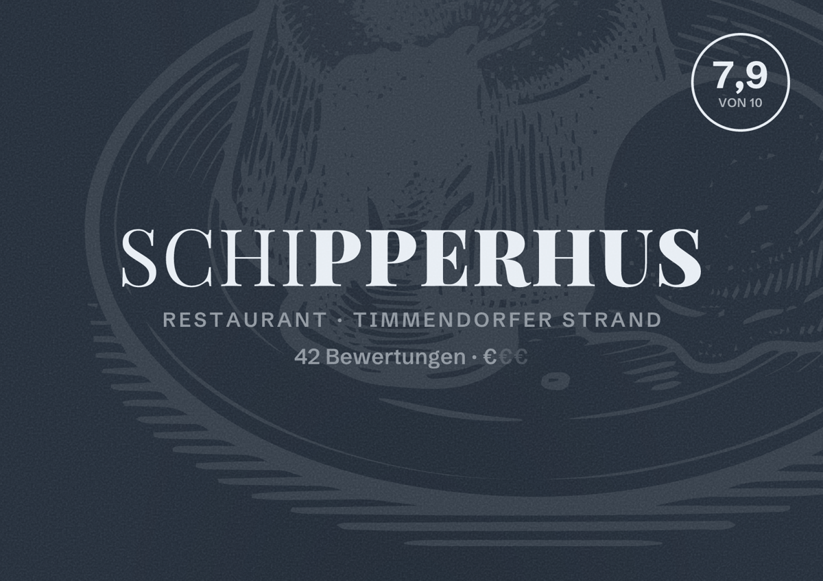 Illustriertes Poster von Schipperhus, Restaurant in Timmendorfer Strand: Bewertung 7,9 von 10 aus 42 Bewertungen, Preisniveau €