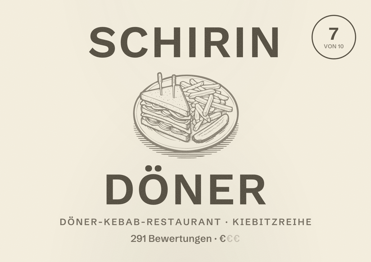 Illustriertes Poster von Schirin Döner, Döner-Kebab-Restaurant in Kiebitzreihe: Bewertung 7 von 10 aus 291 Bewertungen, Preisniveau €