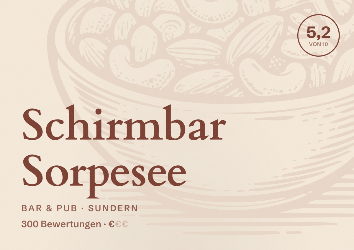 Illustriertes Poster von Schirmbar Sorpesee, Bar & Pub in Sundern: Bewertung 5,2 von 10 aus 300 Bewertungen, Preisniveau €