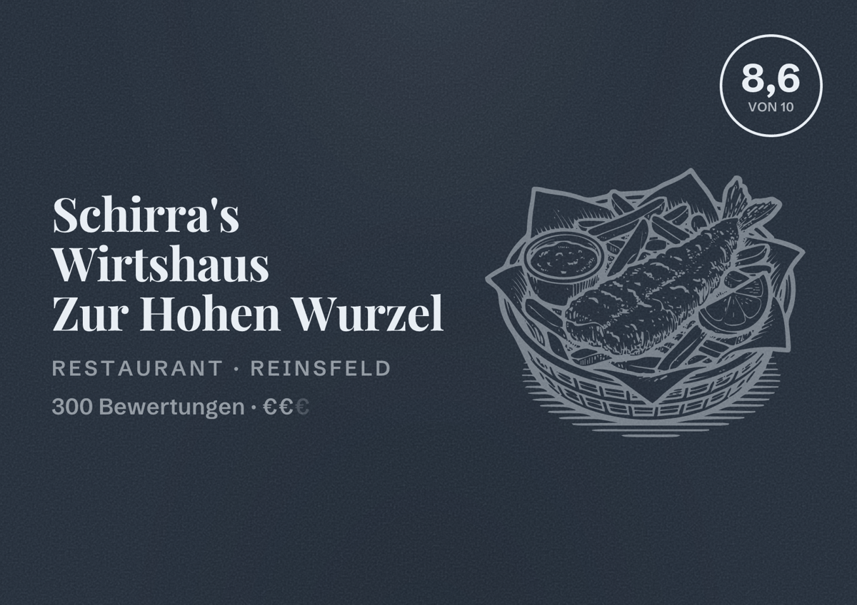 Illustriertes Poster von Schirra's Wirtshaus Zur Hohen Wurzel, Restaurant in Reinsfeld: Bewertung 8,6 von 10 aus 300 Bewertungen, Preisniveau €€