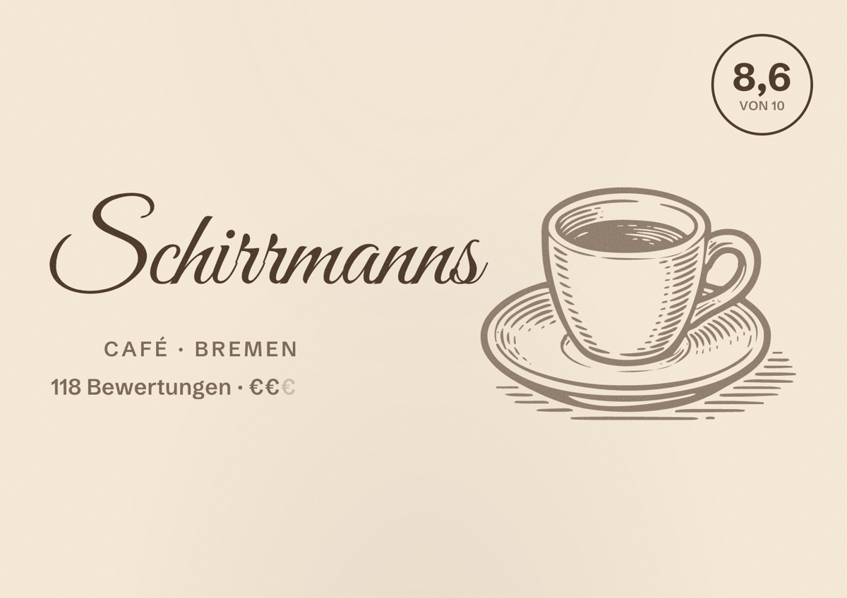 Illustriertes Poster von Schirrmanns, Café in Bremen: Bewertung 8,6 von 10 aus 118 Bewertungen, Preisniveau €€