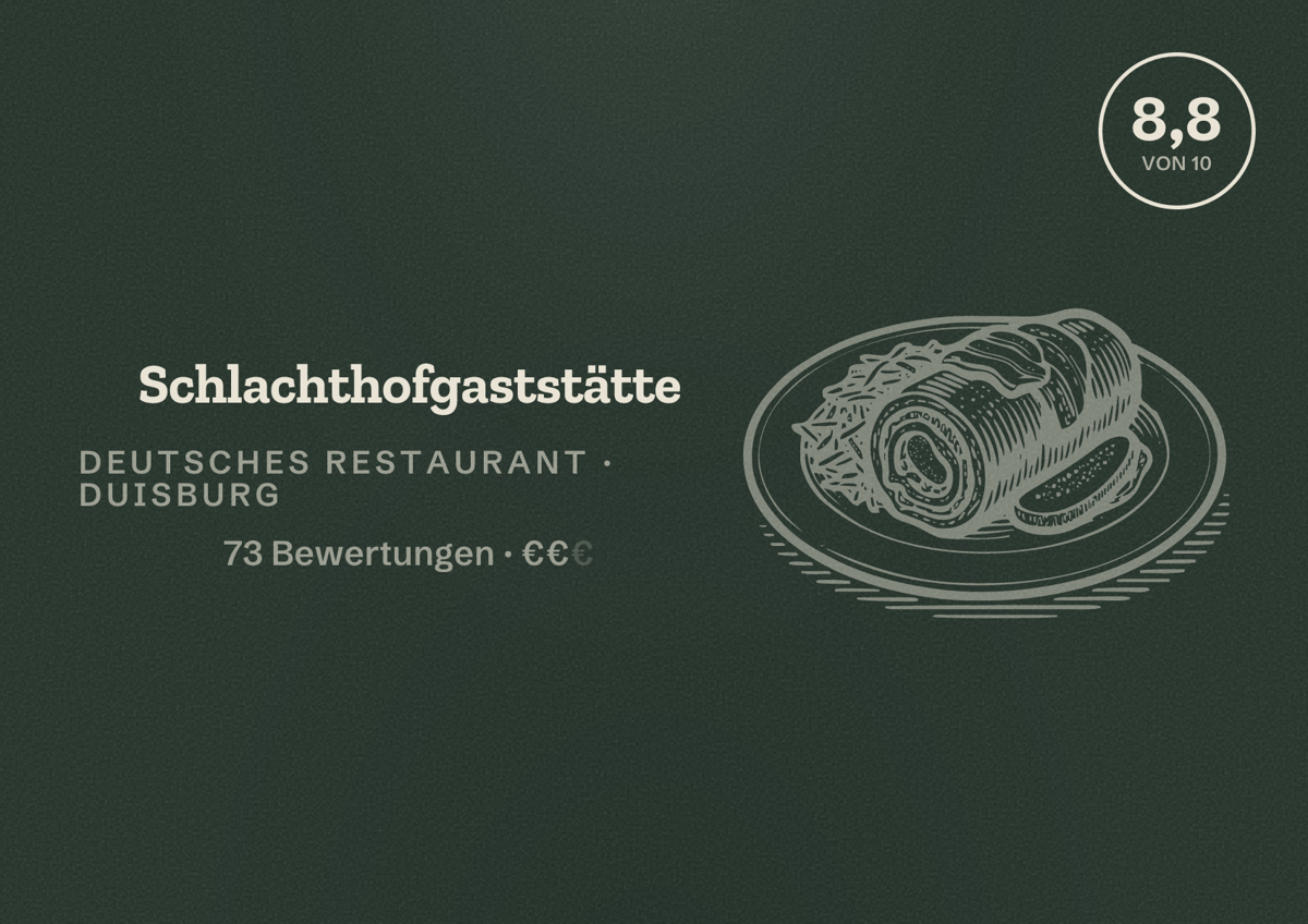 Illustriertes Poster von Schlachthofgaststätte, Deutsches Restaurant in Duisburg: Bewertung 8,8 von 10 aus 73 Bewertungen, Preisniveau €€