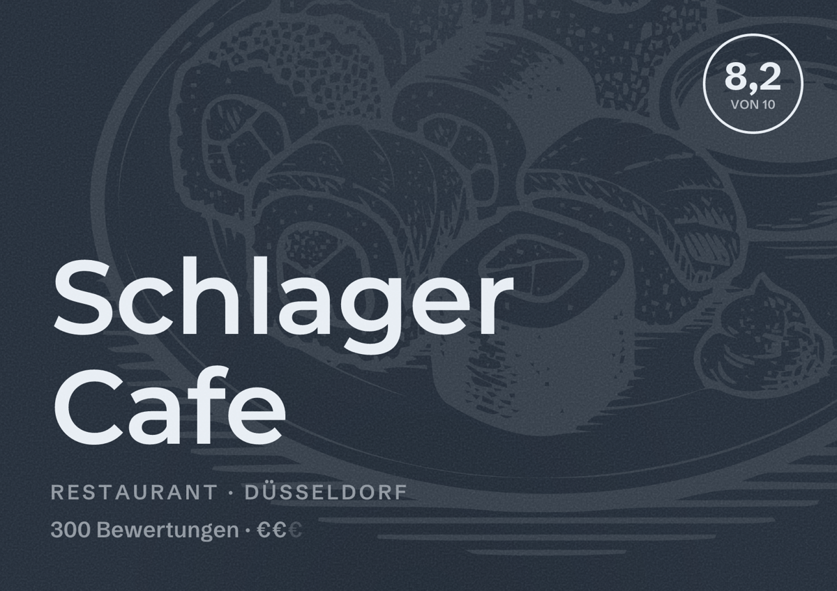 Illustriertes Poster von Schlager Cafe, Restaurant in Düsseldorf: Bewertung 8,2 von 10 aus 300 Bewertungen, Preisniveau €€