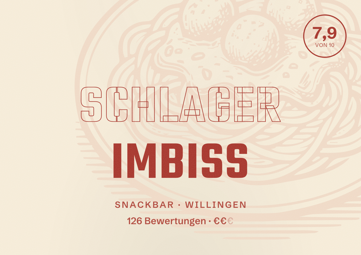 Illustriertes Poster von Schlager Imbiss, Snackbar in Willingen: Bewertung 7,9 von 10 aus 126 Bewertungen, Preisniveau €€