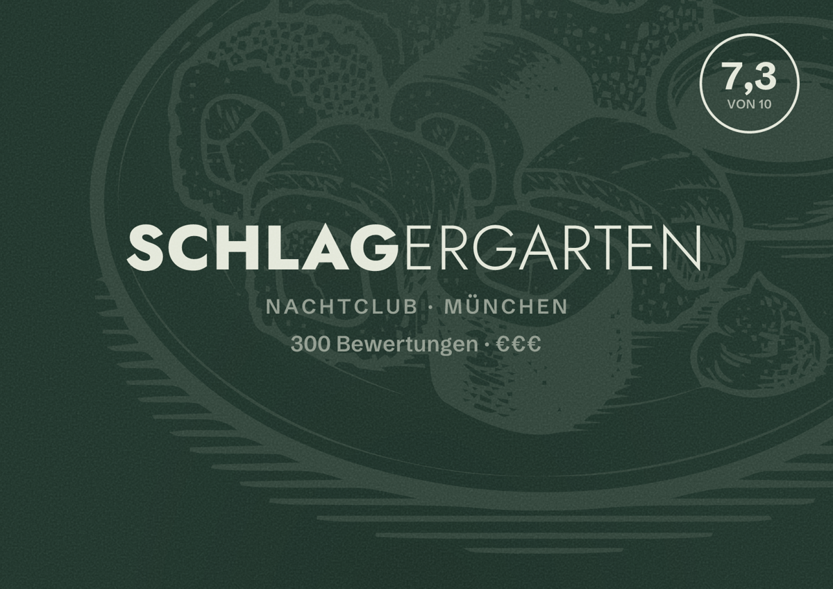 Illustriertes Poster von Schlagergarten, Nachtclub in München: Bewertung 7,3 von 10 aus 300 Bewertungen, Preisniveau €€€