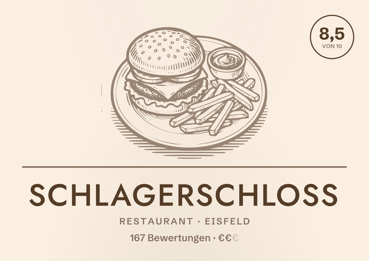 Illustriertes Poster von Schlagerschloss, Restaurant in Eisfeld: Bewertung 8,5 von 10 aus 167 Bewertungen, Preisniveau €€