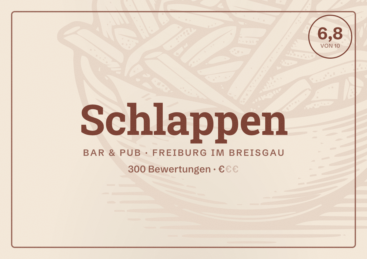 Illustriertes Poster von Schlappen, Bar & Pub in Freiburg im Breisgau: Bewertung 6,8 von 10 aus 300 Bewertungen, Preisniveau €