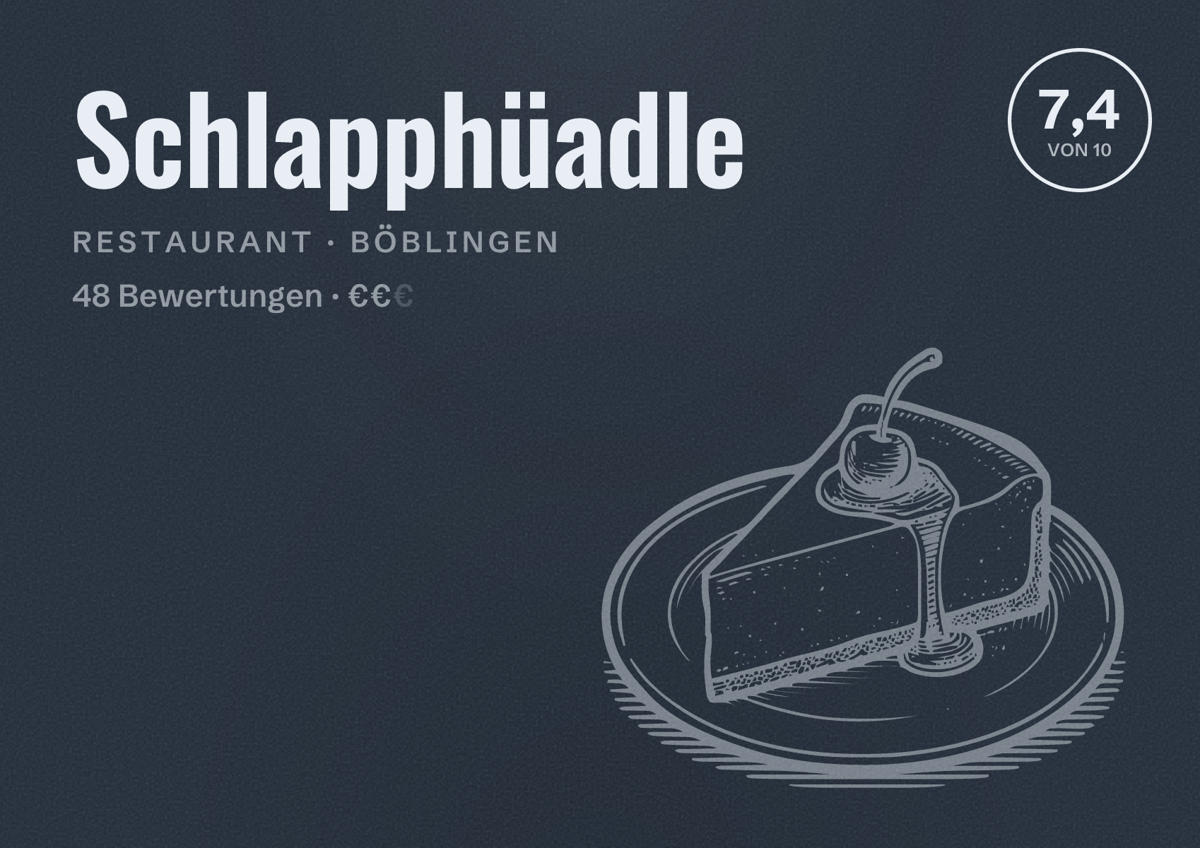 Illustriertes Poster von Schlapphüadle, Restaurant in Böblingen: Bewertung 7,4 von 10 aus 48 Bewertungen, Preisniveau €€