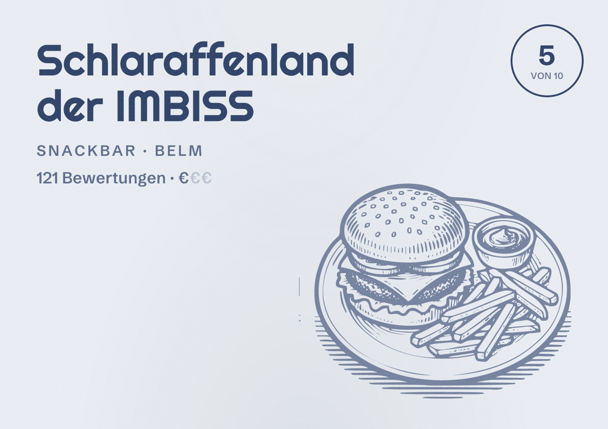 Illustriertes Poster von Schlaraffenland der IMBISS, Snackbar in Belm: Bewertung 5 von 10 aus 121 Bewertungen, Preisniveau €