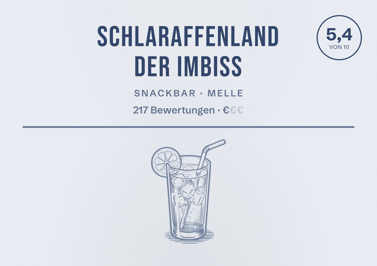 Illustriertes Poster von Schlaraffenland der IMBISS, Snackbar in Melle: Bewertung 5,4 von 10 aus 217 Bewertungen, Preisniveau €