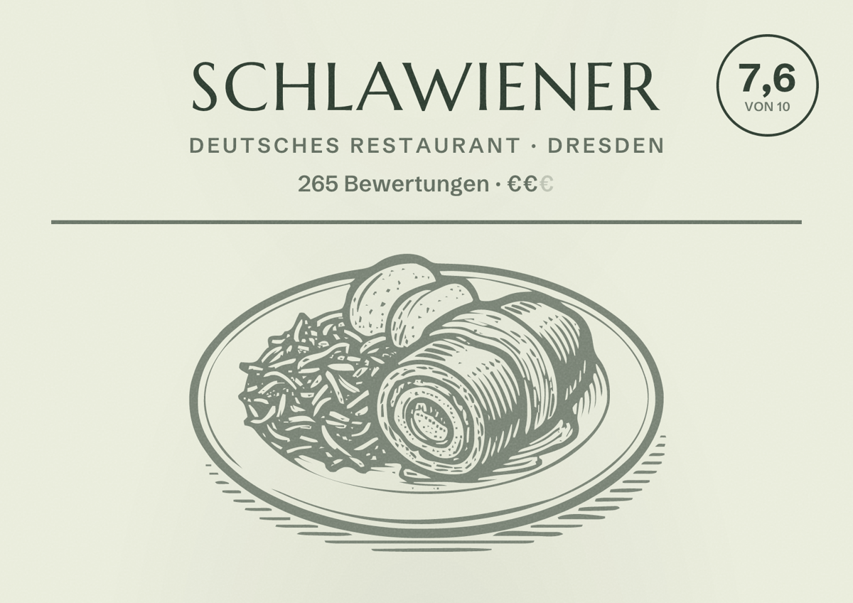 Illustriertes Poster von Schlawiener, Deutsches Restaurant in Dresden: Bewertung 7,6 von 10 aus 265 Bewertungen, Preisniveau €€