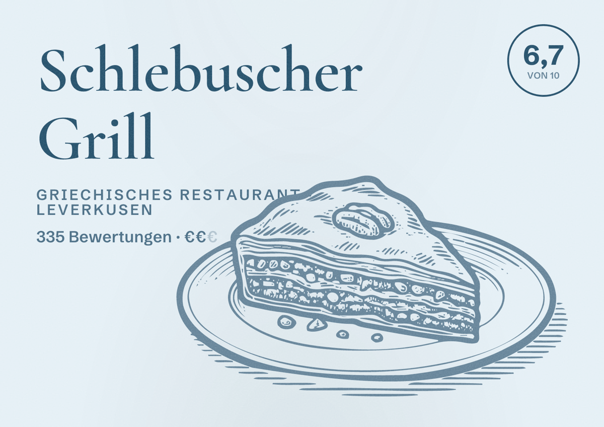 Illustriertes Poster von Schlebuscher Grill, Griechisches Restaurant in Leverkusen: Bewertung 6,7 von 10 aus 335 Bewertungen, Preisniveau €€