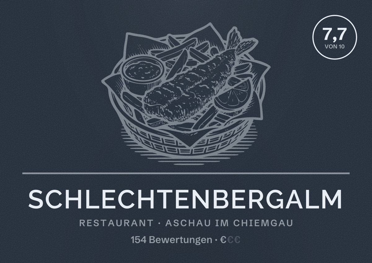 Illustriertes Poster von Schlechtenbergalm, Restaurant in Aschau im Chiemgau: Bewertung 7,7 von 10 aus 154 Bewertungen, Preisniveau €