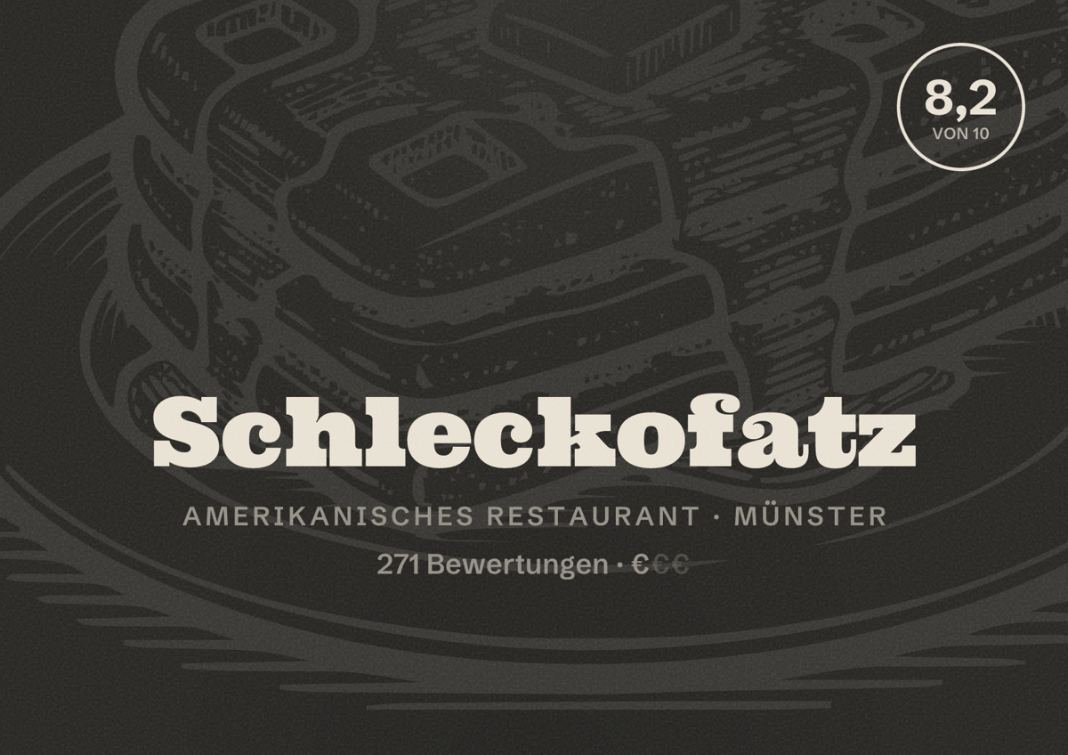 Illustriertes Poster von Schleckofatz, Amerikanisches Restaurant in Münster: Gästebewertung 8,2 von 10 aus 271 Bewertungen