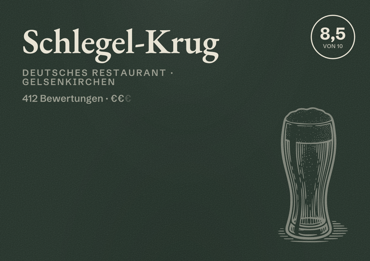 Illustriertes Poster von Schlegel-Krug, Deutsches Restaurant in Gelsenkirchen: Bewertung 8,5 von 10 aus 412 Bewertungen, Preisniveau €€