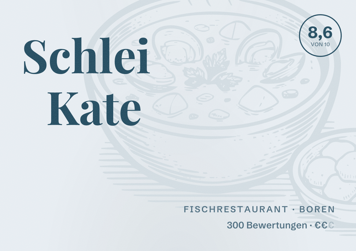 Illustriertes Poster von Schlei Kate, Fischrestaurant in Boren: Bewertung 8,6 von 10 aus 300 Bewertungen, Preisniveau €€