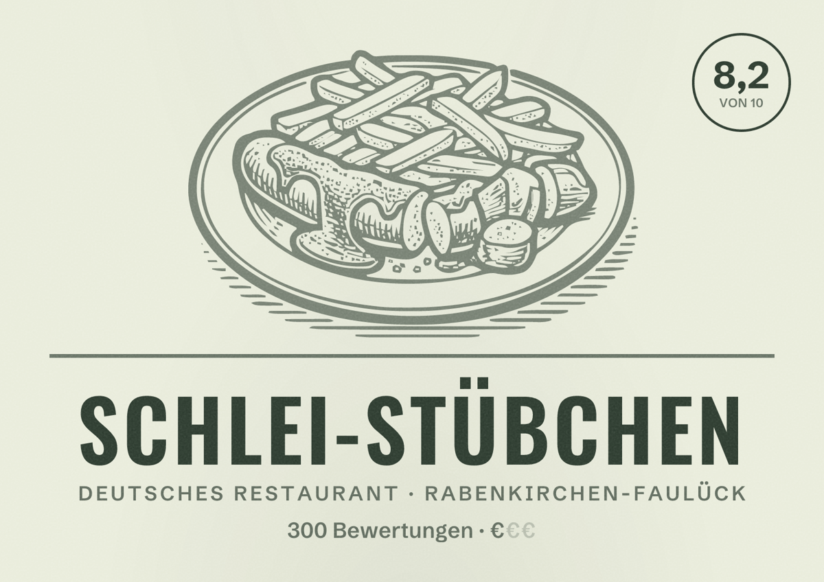 Illustriertes Poster von Schlei-Stübchen, Deutsches Restaurant in Rabenkirchen-Faulück: Bewertung 8,2 von 10 aus 300 Bewertungen, Preisniveau €