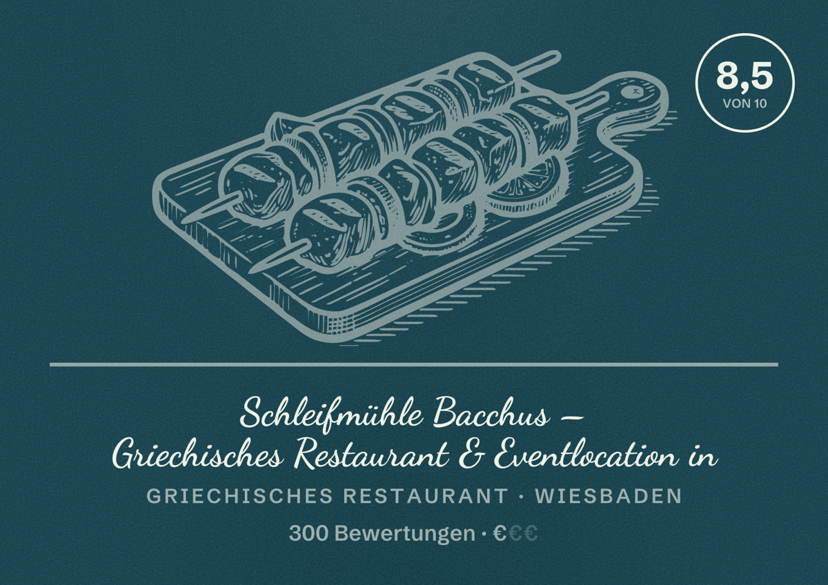 Illustriertes Poster von Schleifmühle Bacchus – Griechisches Restaurant & Eventlocation in, Griechisches Restaurant in Wiesbaden: Bewertung 8,5 von 10 aus 300 Bewertungen, Preisniveau €