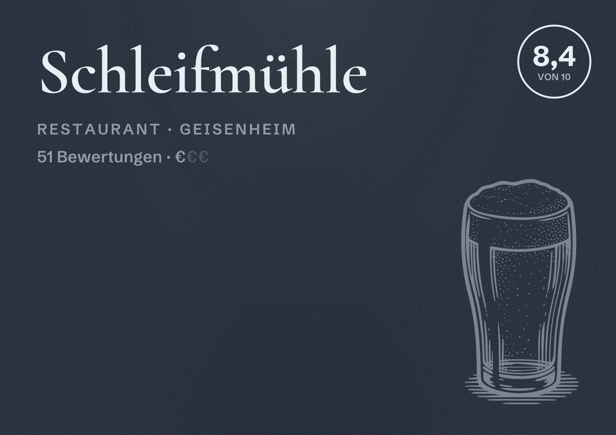 Illustriertes Poster von Schleifmühle, Restaurant in Geisenheim: Bewertung 8,4 von 10 aus 51 Bewertungen, Preisniveau €