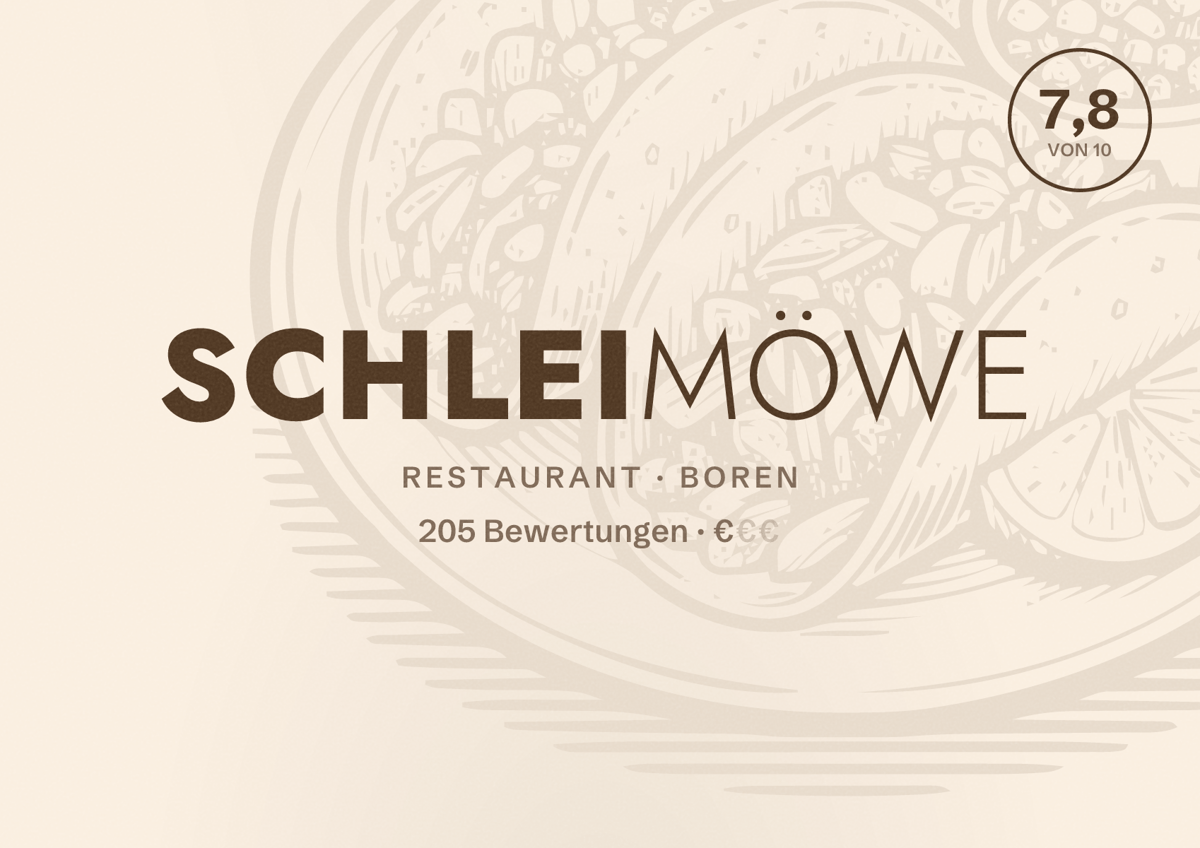 Illustriertes Poster von Schleimöwe, Restaurant in Boren: Bewertung 7,8 von 10 aus 205 Bewertungen, Preisniveau €