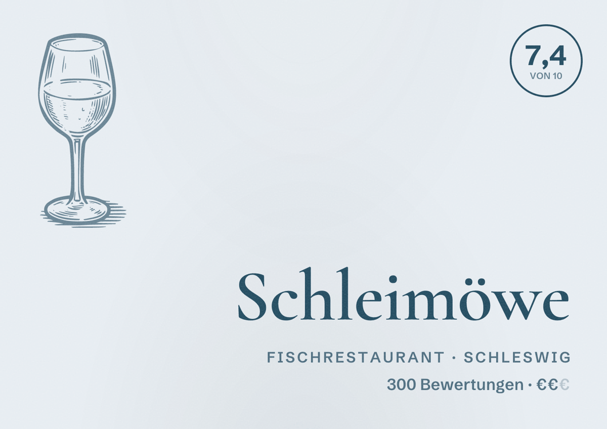 Illustriertes Poster von Schleimöwe, Fischrestaurant in Schleswig: Bewertung 7,4 von 10 aus 300 Bewertungen, Preisniveau €€