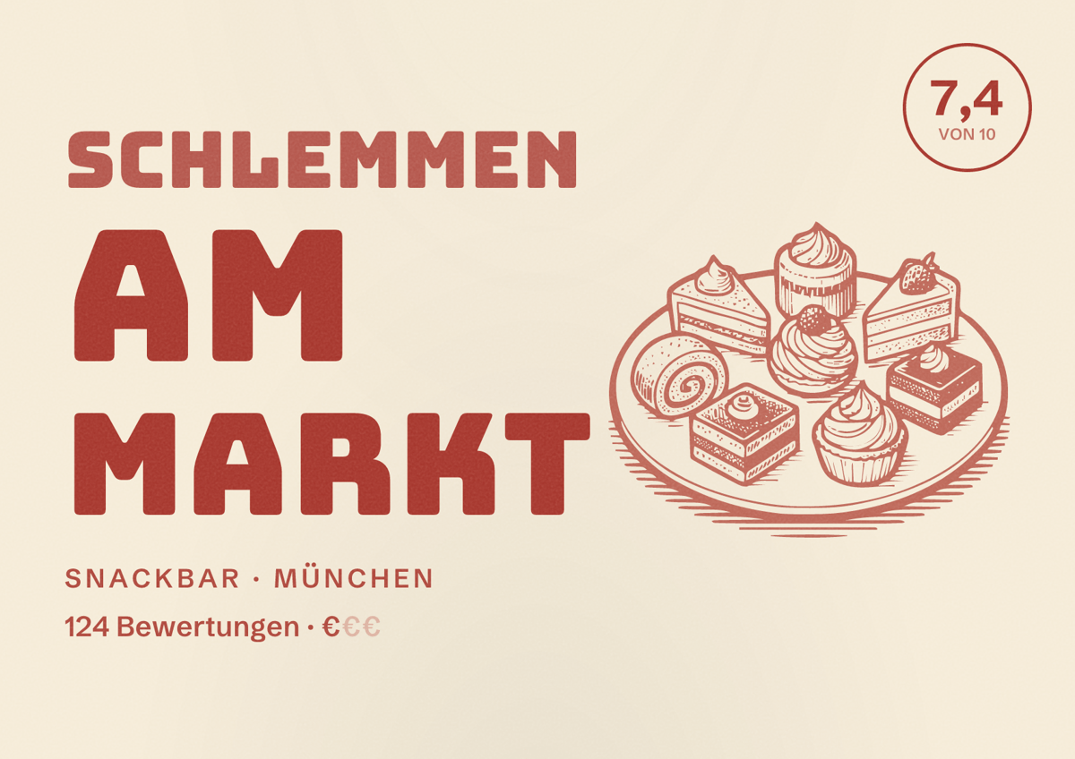 Illustriertes Poster von Schlemmen am Markt, Snackbar in München: Bewertung 7,4 von 10 aus 124 Bewertungen, Preisniveau €