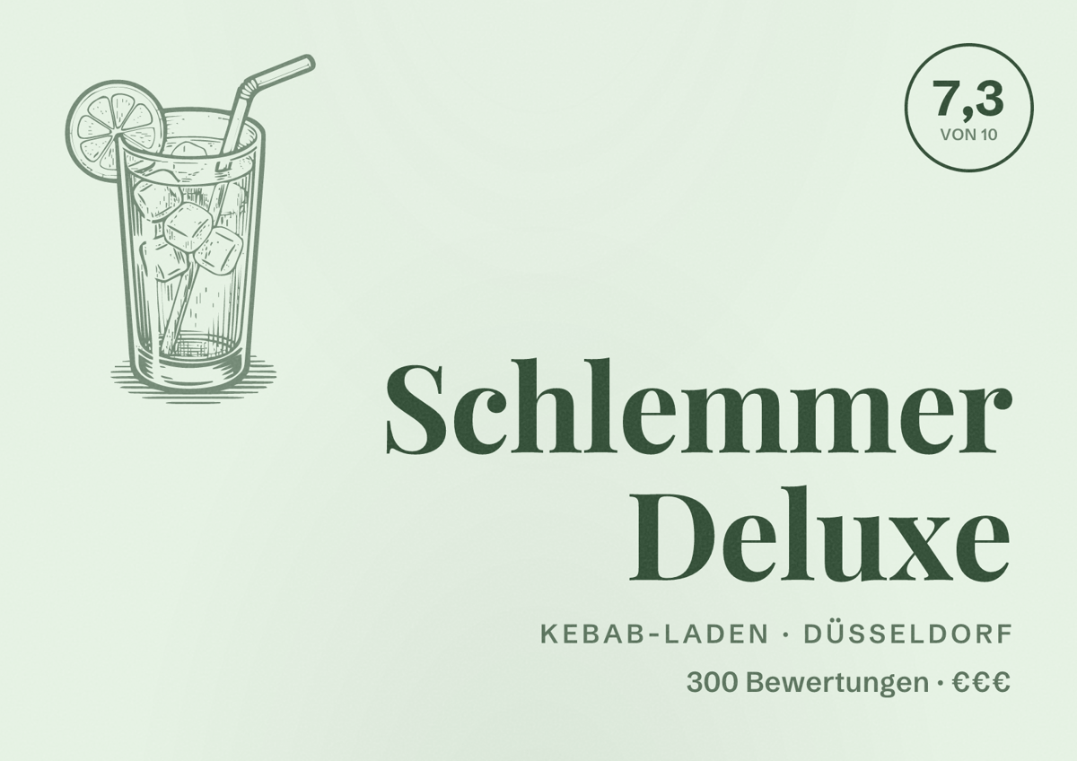 Illustriertes Poster von Schlemmer Deluxe, Kebab-Laden in Düsseldorf: Bewertung 7,3 von 10 aus 300 Bewertungen, Preisniveau €€€