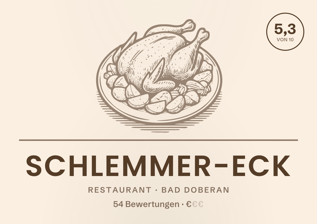 Illustriertes Poster von Schlemmer-Eck, Restaurant in Bad Doberan: Bewertung 5,3 von 10 aus 54 Bewertungen, Preisniveau €