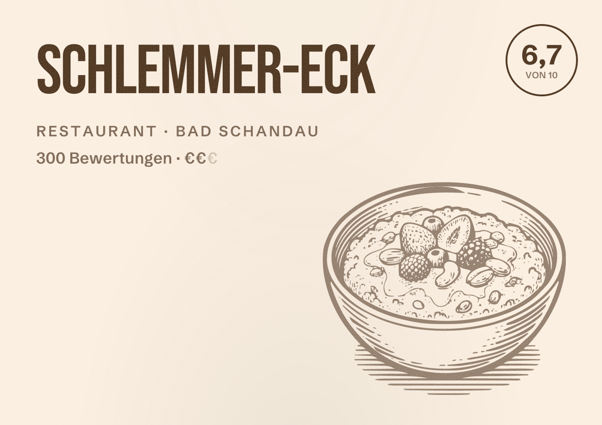 Illustriertes Poster von Schlemmer-Eck, Restaurant in Bad Schandau: Bewertung 6,7 von 10 aus 300 Bewertungen, Preisniveau €€