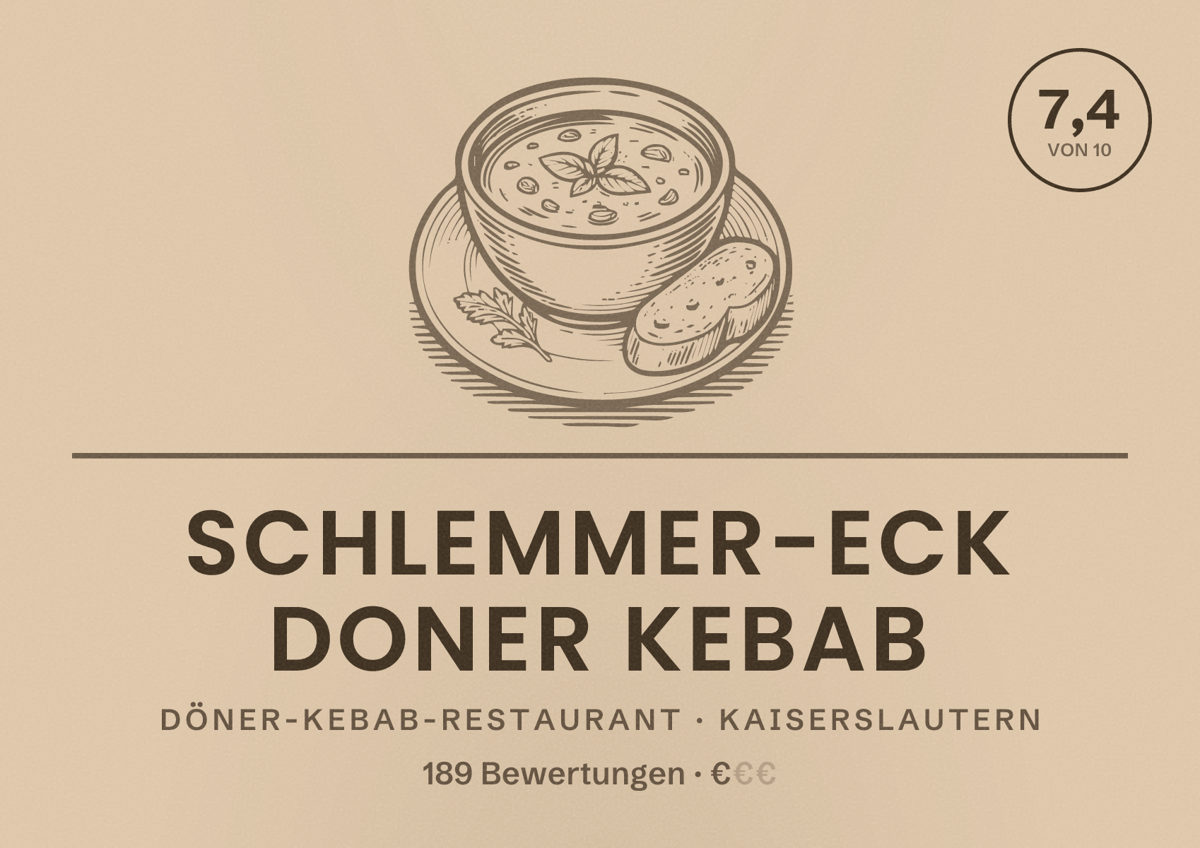 Illustriertes Poster von Schlemmer-Eck Doner Kebab, Döner-Kebab-Restaurant in Kaiserslautern: Bewertung 7,4 von 10 aus 189 Bewertungen, Preisniveau €